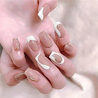 Magrace Short Press on Nails with Designs French Tip Fake nails 24 Pcs Square Stick on Nails for Women (A-18)