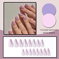 Yosomk Press On Nails Medium Almond Fake Nails With Glitter Sequins Design Cat Eye Glossy Stick On Nails Luxury Purple Glue On A