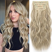 Kookastyle Clip In Synthetic Highlight Hair Extensions Long Wavy 4Pcs Thick Hairpieces Ash Brown Mix Platinum Blonde Fiber Doubl