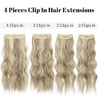 Kookastyle Clip In Synthetic Highlight Hair Extensions Long Wavy 4Pcs Thick Hairpieces Ash Brown Mix Platinum Blonde Fiber Doubl