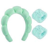 Sponge Spa Headband For Women Green Makeup Headband And Wrist Washband Set For Face Washing Skincare Shower Makeup Removal