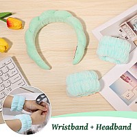 Sponge Spa Headband For Women Green Makeup Headband And Wrist Washband Set For Face Washing Skincare Shower Makeup Removal