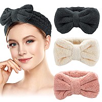 Mimitoou Spa Headband 3 Pack Bow Hair Bands Women Facial Makeup Headbands Soft Coral Fleece Elastic Head Wraps For Bathing Sho