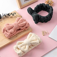 Mimitoou Spa Headband 3 Pack Bow Hair Bands Women Facial Makeup Headbands Soft Coral Fleece Elastic Head Wraps For Bathing Sho