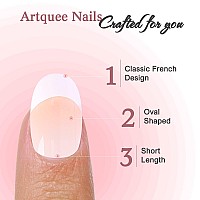 Artquee French Tip Press On Nails Short Clear Nude Oval Designs False Nail White Edge Glossy Reusable Stick On Nails Manicure Fo