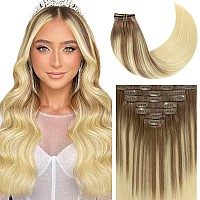 Caliee Long Hair Extensions Clip In Human Hair 16Inch 7Pcs 110G B860A Light Brown To Platinum Blonde Balayage Clip In Hair Exte