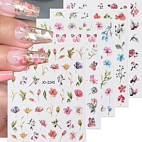 Zoance Flowers Nail Art Sticker Dacals Holographic Nail Glitter Design Nail Stickers Floral Spring Nail Decals 3D Selfadhesive