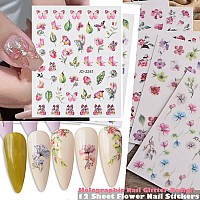 Zoance Flowers Nail Art Sticker Dacals Holographic Nail Glitter Design Nail Stickers Floral Spring Nail Decals 3D Selfadhesive