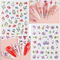 Zoance Flowers Nail Art Sticker Dacals Holographic Nail Glitter Design Nail Stickers Floral Spring Nail Decals 3D Selfadhesive