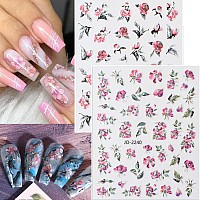 Zoance Flowers Nail Art Sticker Dacals Holographic Nail Glitter Design Nail Stickers Floral Spring Nail Decals 3D Selfadhesive