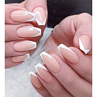 Artquee French Tip Press On Nails Short Clear Nude Coffin False Nail V White Edge Designs Glossy Reusable Stick On Nails Manicur