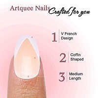 Artquee French Tip Press On Nails Short Clear Nude Coffin False Nail V White Edge Designs Glossy Reusable Stick On Nails Manicur