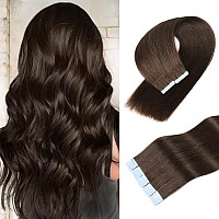 Tape in Hair Extensions Human Hair 100% Real Remy Human Hair Extensions Seamless Straight Hair extensions Real Human Hair Tape in Extensions 24Inch 20Pieces 50g/Set #2 Darkest Brown