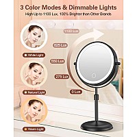 Benbilry Lighted Makeup Mirror With 10X Magnification 3 Color Lights Adjustable Brightness Height 7 Inch 360 Swivel Rechar