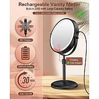 Benbilry Lighted Makeup Mirror With 10X Magnification 3 Color Lights Adjustable Brightness Height 7 Inch 360 Swivel Rechar