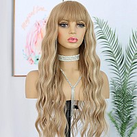 Andria Blonde Wig Brown With Blonde Stripe Highlight Long Loose Curly Wavy Wig With Bangs Synthetic Heat Resistant Fiber Hair Co