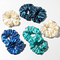 Artilady Satin Scrunchies 8 Pack Big Sky Blue Slip Silk Hair Ties For Curly Thick Hair Soft Pony Tails Girl Accessories Bir