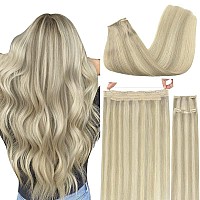 Goo Goo Wire Hair Extensions Human Hair 17A60A Ash Blonde Mix Platinum Blonde Highlighted 14Inch 105G Invisible Wire Hair Ext