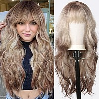 Testar Blonde Brown Wig With Bangs Long Curly Wigs For White Women Synthetic Wavy Wigs With Dark Roots Heat Resistant Wigs For D