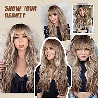 Testar Blonde Brown Wig With Bangs Long Curly Wigs For White Women Synthetic Wavy Wigs With Dark Roots Heat Resistant Wigs For D