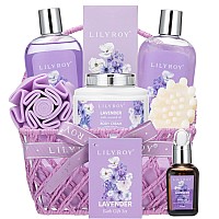 Lily Roy Lavender Bath And Body Gift Basket For Women 8 Pcs Home Bath Spa Set Spa Kit For Women Self Skin Care Gifts Set Perfume