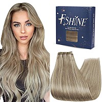 Fshine Weft Hair Extensions Human Hair 16 Inch 100G Ash Brown Highlighted Platinum Blonde Sew In Hair Extensions Straight Sew In