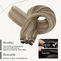 Fshine Weft Hair Extensions Human Hair 16 Inch 100G Ash Brown Highlighted Platinum Blonde Sew In Hair Extensions Straight Sew In