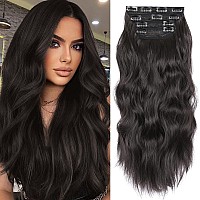 Clip In Synthetic Hair Extensions Long Wavy 4Pcs Thick Hairpieces Black Brown Fiber Double Weft Natural Hair Extensions 20 Inch