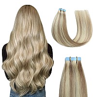 Sunya Tape In Hair Extensions Human Hair Ash Blonde Highlighted Bleach Blonde 18 Inch Straight Tape In Real Human Hair Seamless