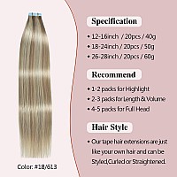 Sunya Tape In Hair Extensions Human Hair Ash Blonde Highlighted Bleach Blonde 18 Inch Straight Tape In Real Human Hair Seamless