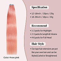 Sunya Tape In Hair Extensions Human Hair Rose Pink 20 Inch Pink Human Hair Tape In Extensions Straight Pink Tape In Hair Extens