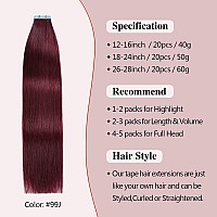 Sunya Tape In Hair Extensions Human Hair Burgundy 20 Inch Straight Tape In Real Human Hair 99J Seamless Skin Weft Tape In Hair