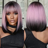 Allbell Black Pink Bob Wigs For Women Short Straight Wigs With Bangs Cosplay Party Natural Looking Hair Replacement