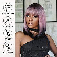 Allbell Black Pink Bob Wigs For Women Short Straight Wigs With Bangs Cosplay Party Natural Looking Hair Replacement