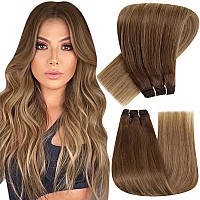 Hetto Weft Hair Extensions Human Hair Balayage #6 Brown to #8 Medium Brown #14 Dark Golden Blonde Sew in Weft Extensions Straight Human Hair Weave 22 Inch 100g