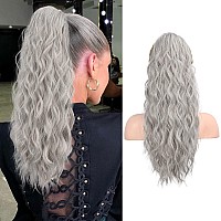 Flufymooz Ponytail Extension 22 Inch Curly Greysilverwhite Mixed Synthetic Heat Resistant For Women