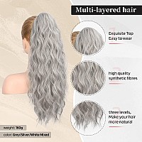 Flufymooz Ponytail Extension 22 Inch Curly Greysilverwhite Mixed Synthetic Heat Resistant For Women