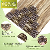 Mylady Double Weft Clip In Hair Extensions 18 Inch 140G 8Pcs Light Brown With Bleach Blonde Full Head 18Clips Grade 7A Quality