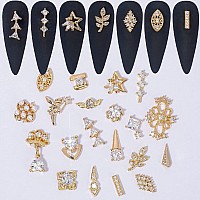 Hnuix Nail Charms And Gems Gold Copper Zircon Multiple Shapes 3D Dangle Metal Jewelry Rhinestones For Nails 20Pieces D Set