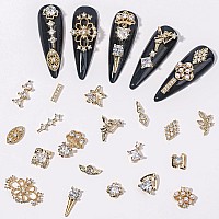 Hnuix Nail Charms And Gems Gold Copper Zircon Multiple Shapes 3D Dangle Metal Jewelry Rhinestones For Nails 20Pieces D Set