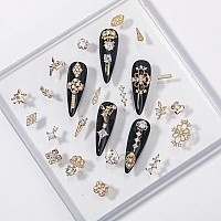 Hnuix Nail Charms And Gems Gold Copper Zircon Multiple Shapes 3D Dangle Metal Jewelry Rhinestones For Nails 20Pieces D Set