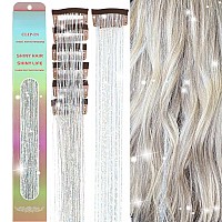 Missuhui Clip In Hair Tinsel 236Inch Hair Tinsel Clip In Glitter Tinsel Hair Extensions 6Pcs Silver Tinsel Hair Extensions Clip