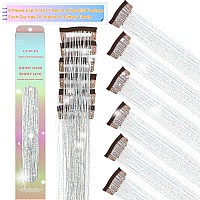 Missuhui Clip In Hair Tinsel 236Inch Hair Tinsel Clip In Glitter Tinsel Hair Extensions 6Pcs Silver Tinsel Hair Extensions Clip