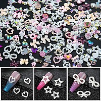 500Pcs Assorted Pearls 3D Nail Charms Pink Color Multi Shapes Heart Flower Bowknot Nail Charms Mix Heart Star Bows Round White P