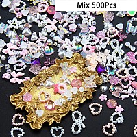 500Pcs Assorted Pearls 3D Nail Charms Pink Color Multi Shapes Heart Flower Bowknot Nail Charms Mix Heart Star Bows Round White P