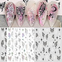 Silpecwee 6 Sheets Butterfly Nail Stickers For Women Girl 3D Nail Art Stickers Decals Metallic Silver Aurora Retro Nail Designs