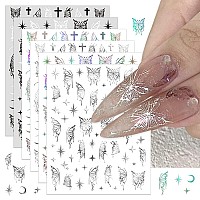 Silpecwee 6 Sheets Butterfly Nail Stickers For Women Girl 3D Nail Art Stickers Decals Metallic Silver Aurora Retro Nail Designs