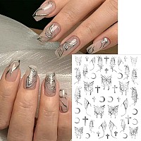 Silpecwee 6 Sheets Butterfly Nail Stickers For Women Girl 3D Nail Art Stickers Decals Metallic Silver Aurora Retro Nail Designs