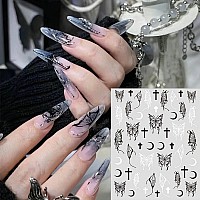 Silpecwee 6 Sheets Butterfly Nail Stickers For Women Girl 3D Nail Art Stickers Decals Metallic Silver Aurora Retro Nail Designs