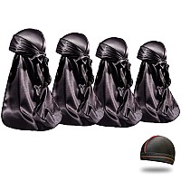 4Pcs Silky Durags For Men Women 360 Waves With 1 Wave Cap Silky Satin Durag Extra Long Tails Black Black Black Black